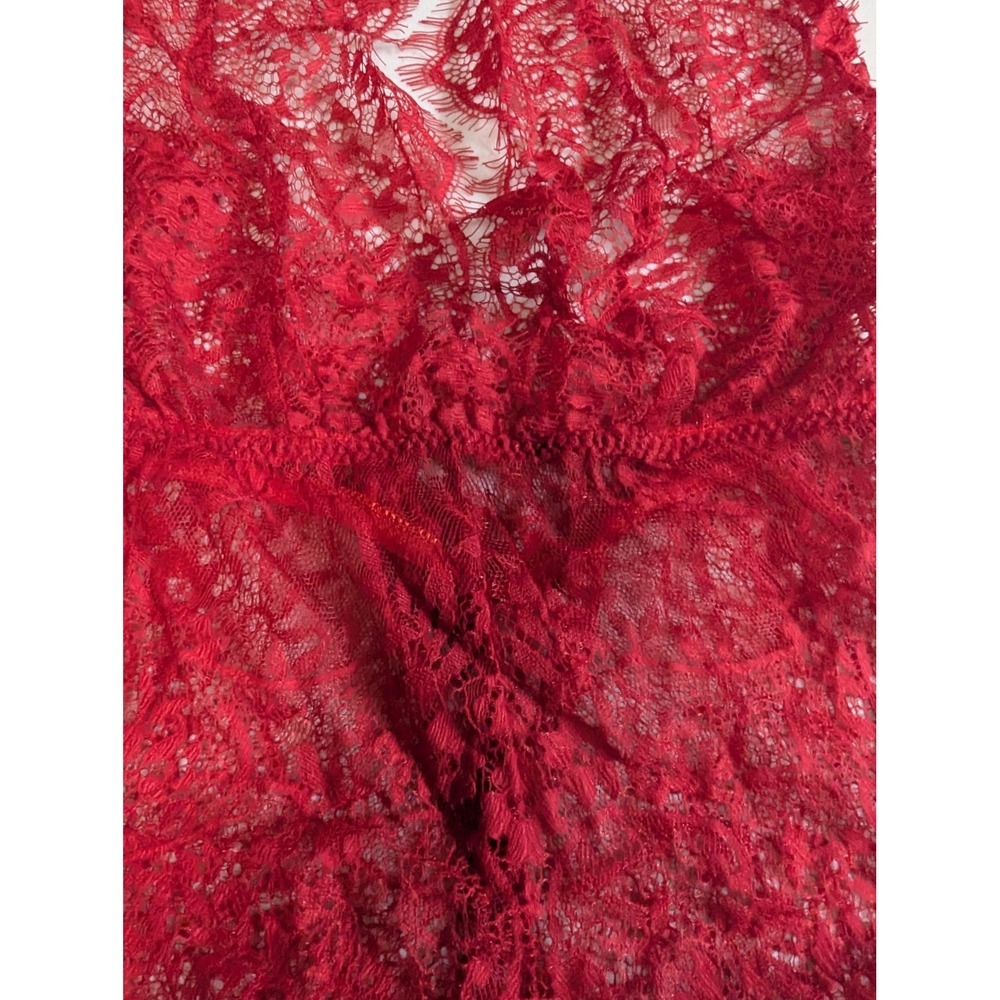 Sheer Lace Halter Teddy Bodysuit Deep V‎ Neck Red Ribbon Tie Size S - Picture 9 of 10